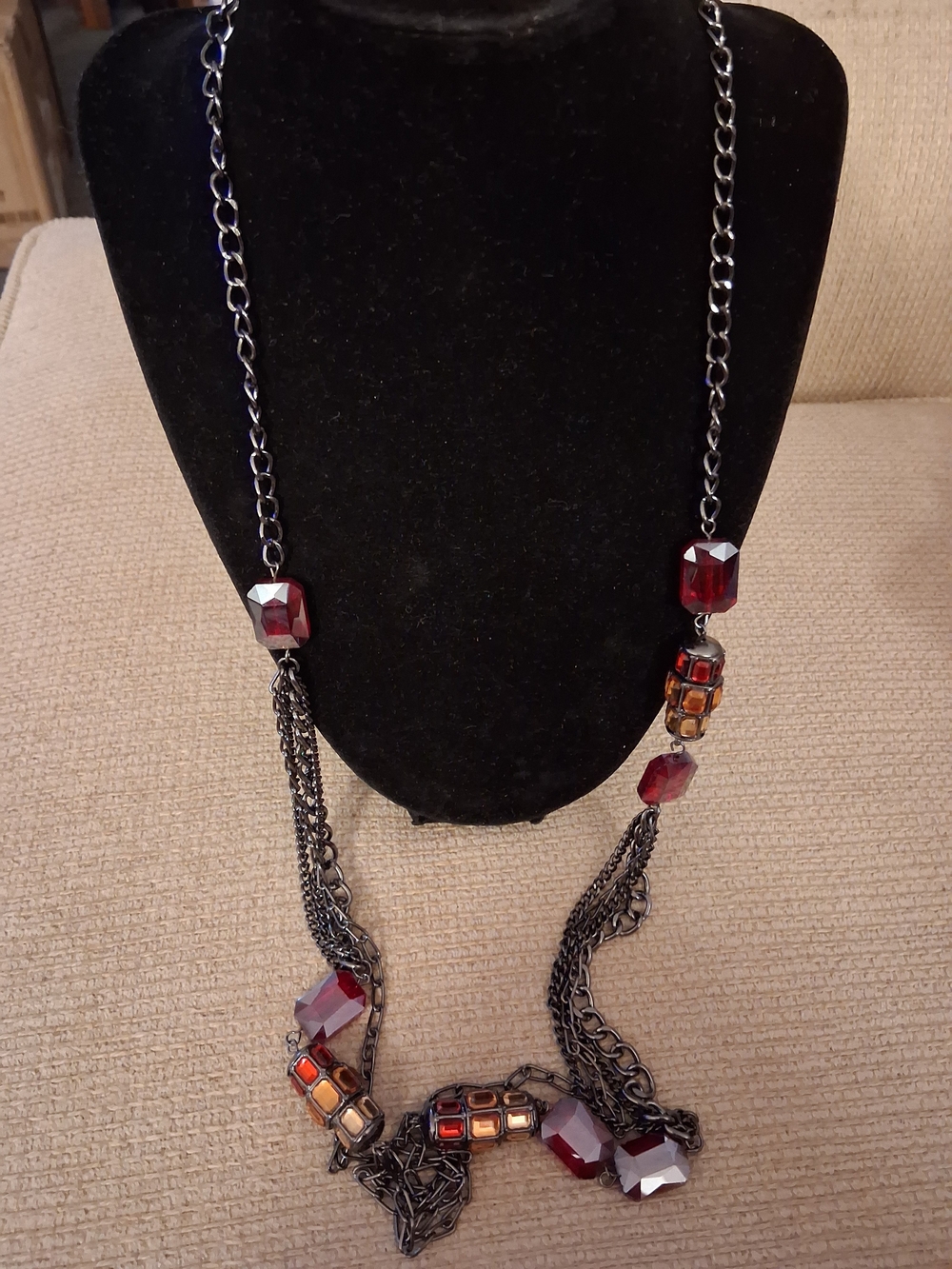 Women’s Gunmetal Chain Necklace with Garnet Red Faceted Beads